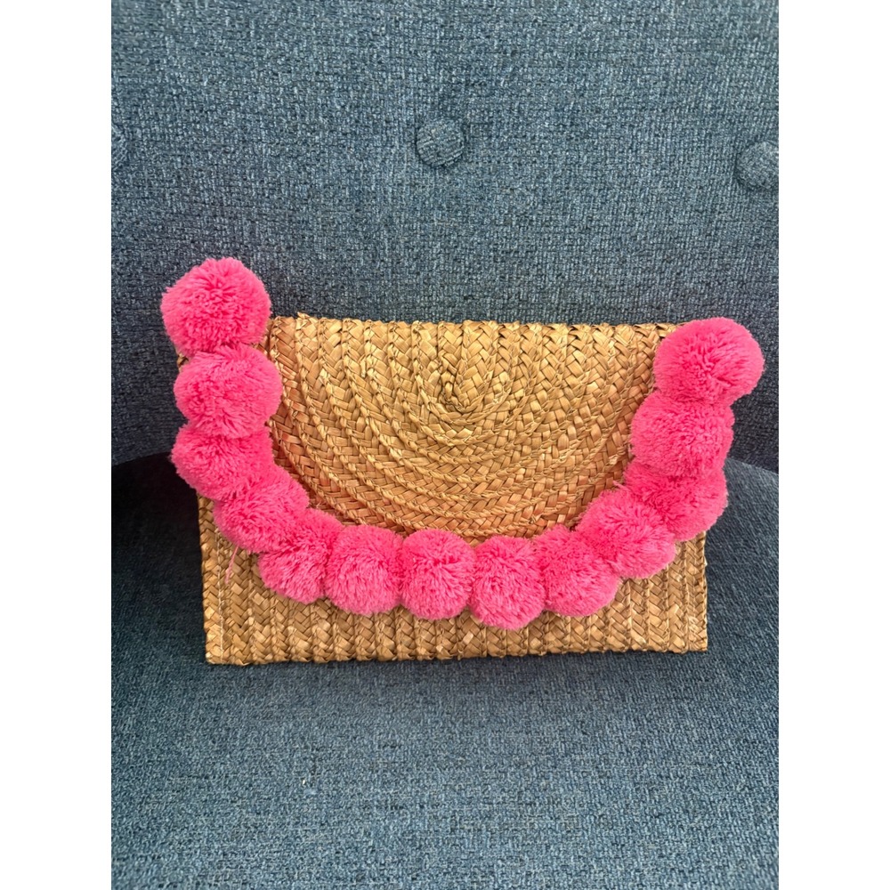 Shiraleah Chicago Woven Straw Pom Pom Clutch Bag Pink Natural Bohemian‎ Summer